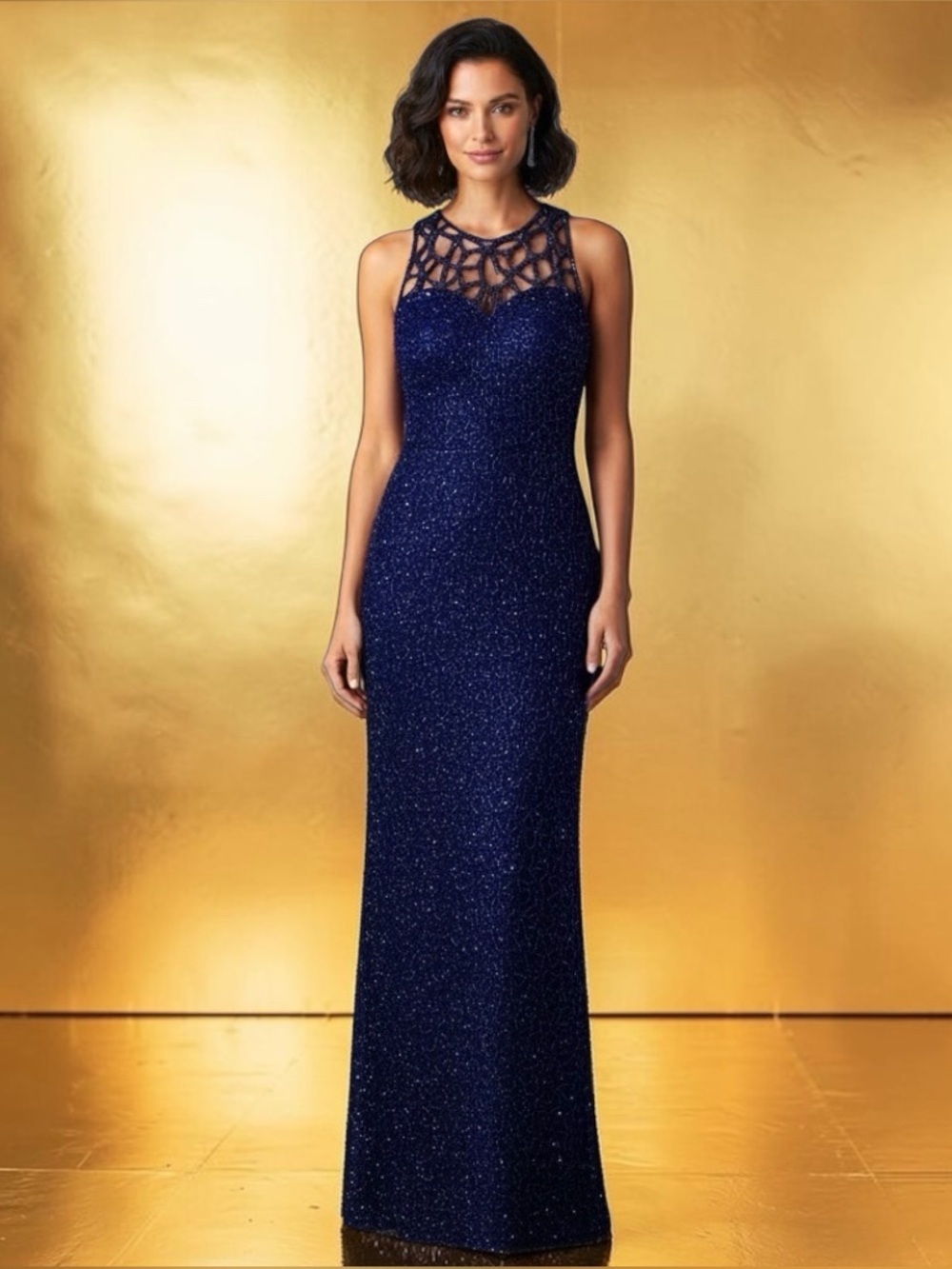 Vintage SCALA Beaded Evening Gown Navy Blue Sequins Formal Art Deco Maxi Size M